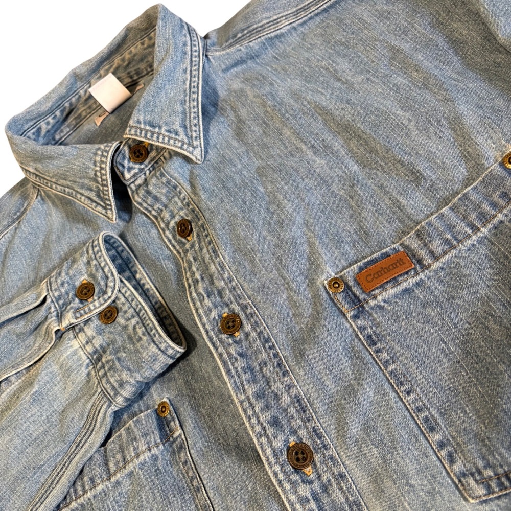 Vintage Carhartt Denim Work Shirt Mens 2XL Tall Blue S97STW Button‎ Up Cotton